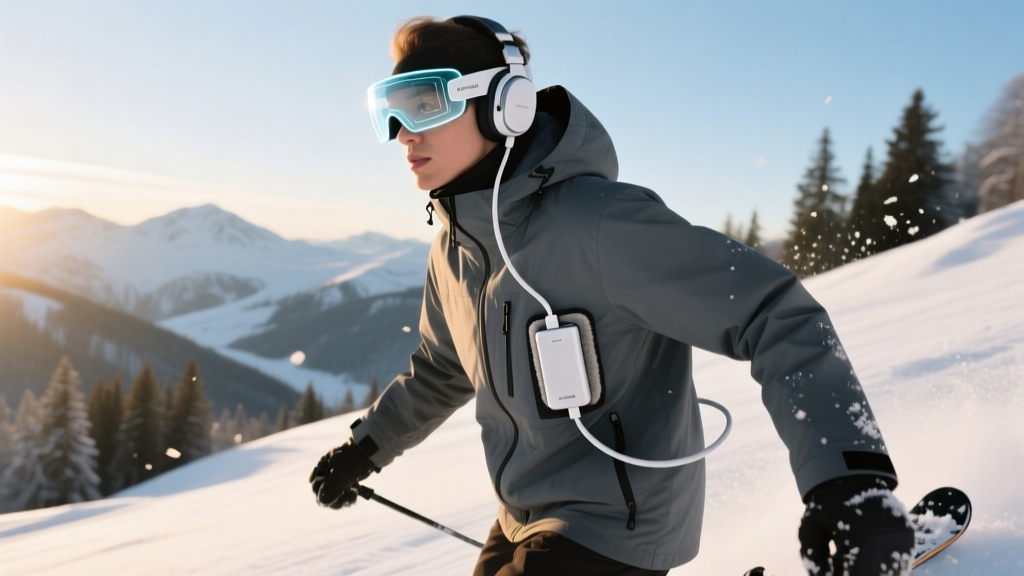 Winter skier in insulated jacket with AR visor, routing silicone USB-C cable from headset to thin battery pack in fleece chest pocket