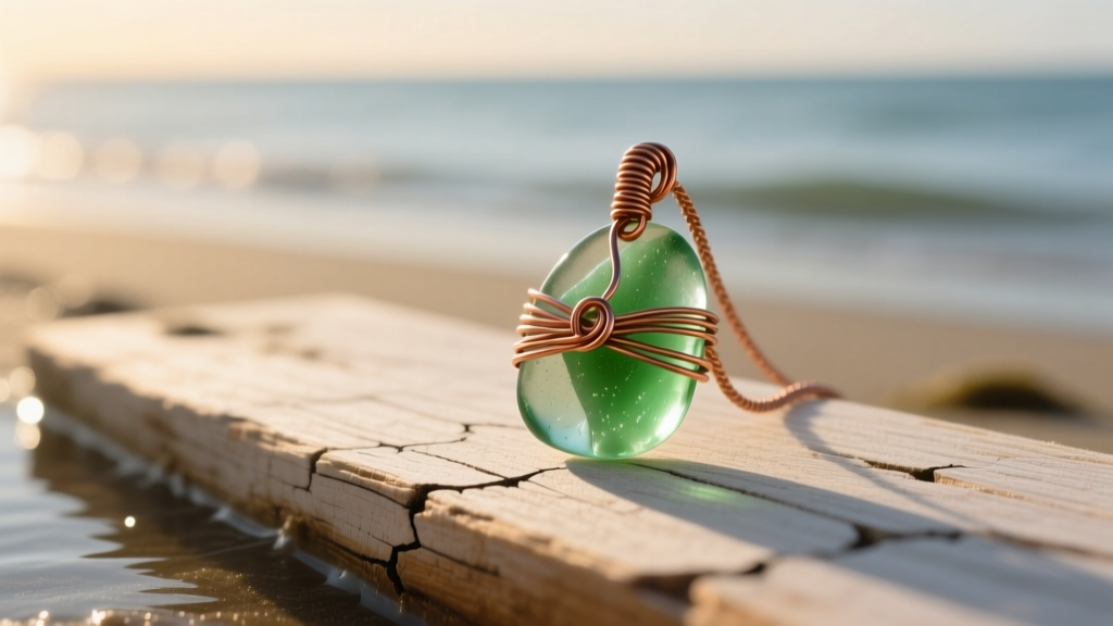 Close-up of a beach glass pendant wrapped in copper wire resting on a weathered wooden board near the ocean shore in soft light