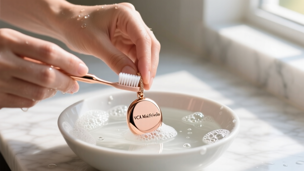 Hands cleaning a rose gold VCA Mini Frivole pendant with a soft toothbrush in soapy water under bright, natural window lighting.