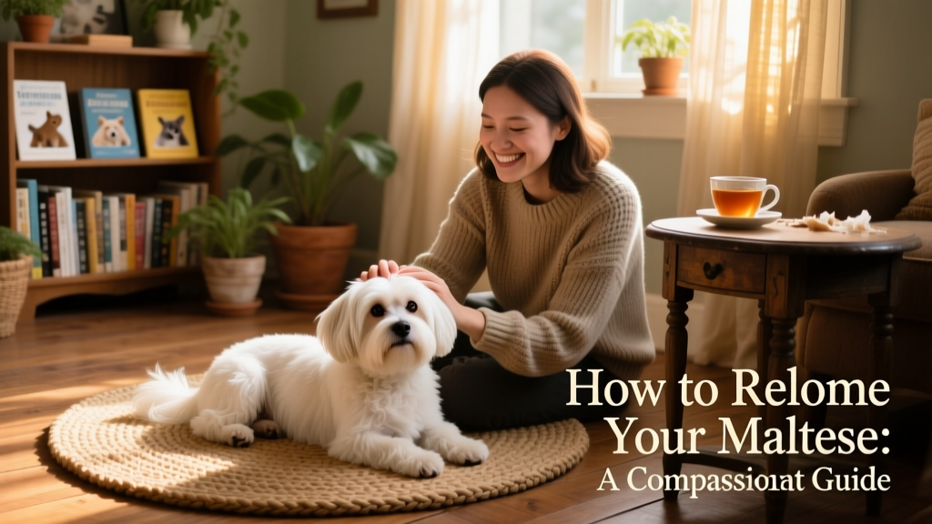 A gentle Maltese resting calmly beside a smiling volunteer in a cozy foster living room