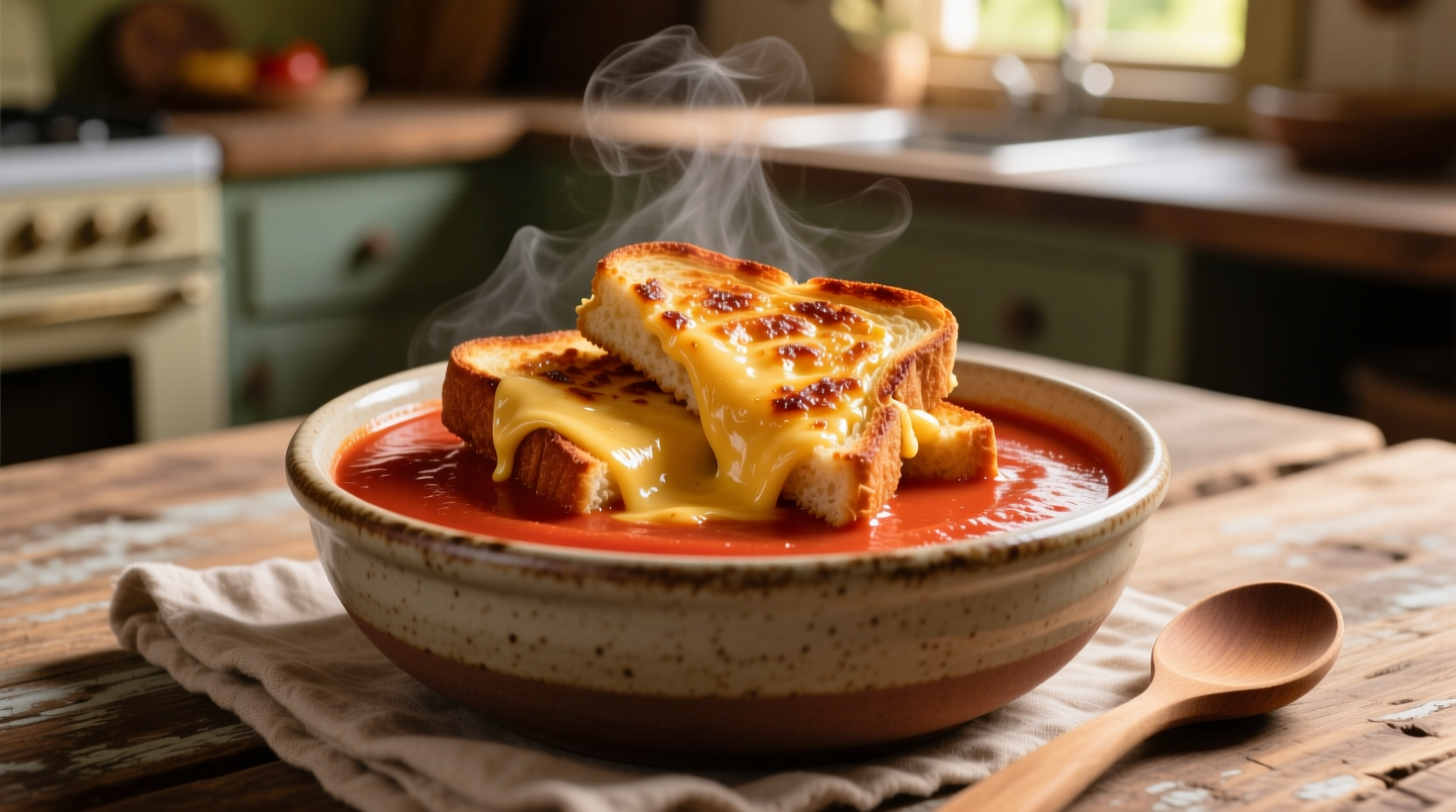 Creamy tomato soup served with golden grilled cheese