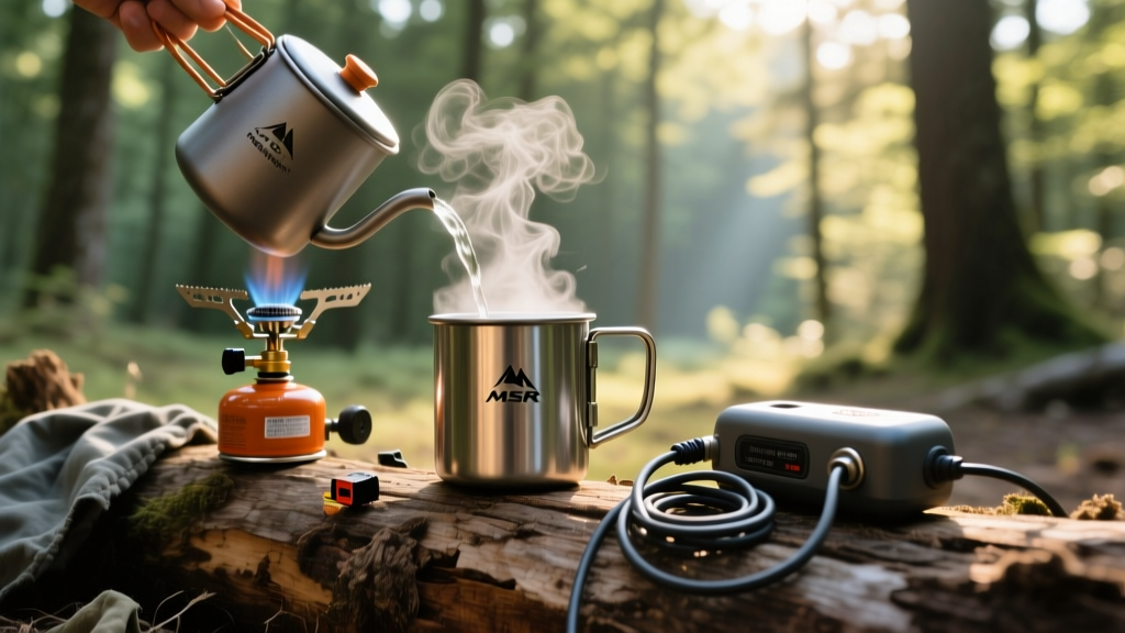 An MSR PocketRocket stove rapidly boiling water in a titanium mug next to a discarded 12V electric heating mug on a forest log.