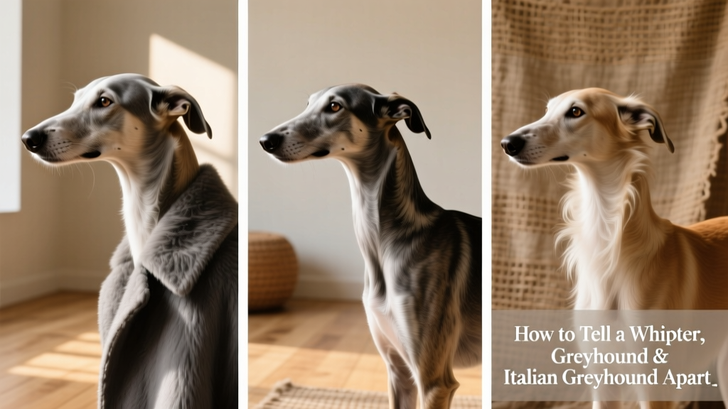 Close-up comparison of coat textures and color variations across the three breeds: glossy greyhound fur, sleek whippet coat, and fine, silky Italian Greyhound hair