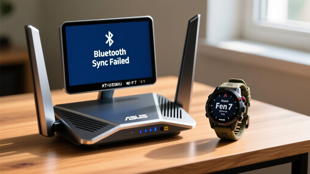 Close-up of Asus RT-BE88U Wi-Fi 7 router antennas next to a Garmin Fenix 7 Pro displaying a Bluetooth sync error on a wooden desk.