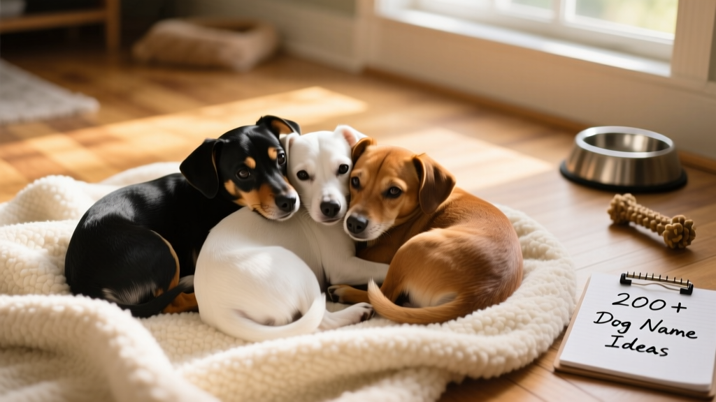 Three small dogs of different colors—black, white, and brown—curled together on a cozy blanket