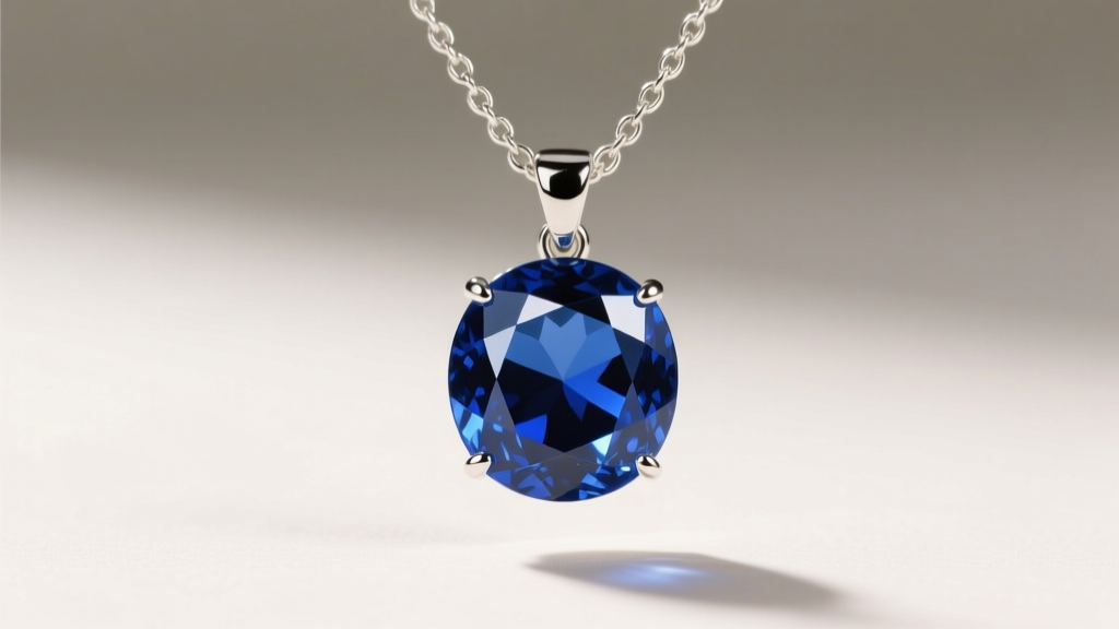 Close-up of polished blue sapphire pendant on a silver chain, highlighting the stone's high thermal conductivity and cool surface.