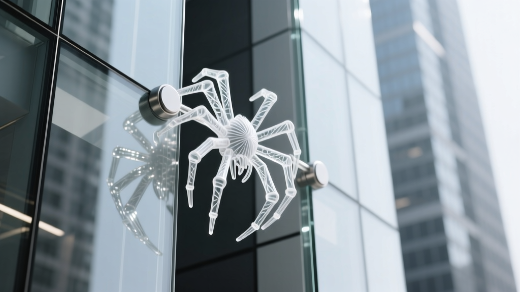Close-up of a 3D printed glass-filled nylon structural spider node connecting two architectural glass panels in a modern facade