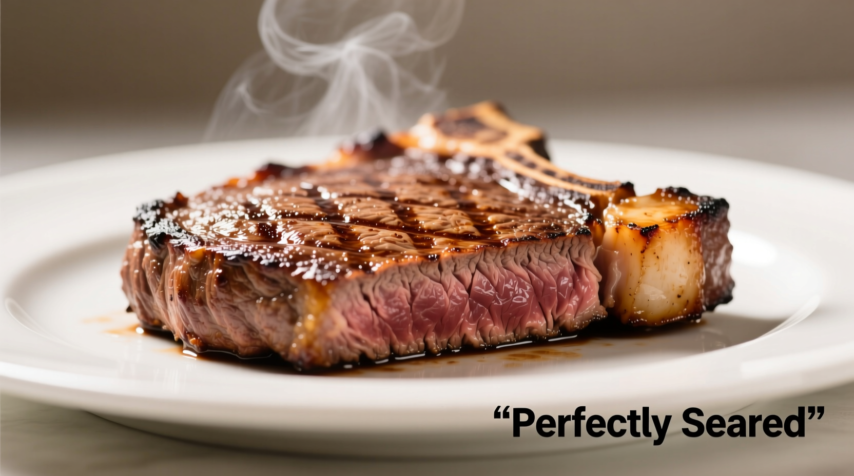 Perfectly seared ribeye steak with crust on white plate