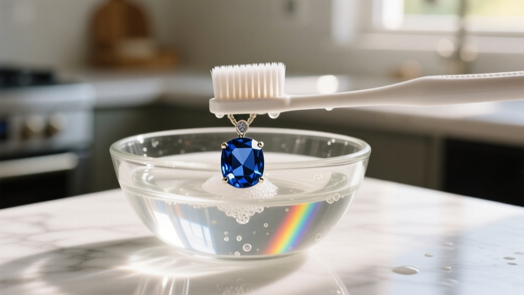 Soft-bristled toothbrush gently scrubbing a Ceylon sapphire pendant in a glass bowl of warm soapy water under bright natural light.