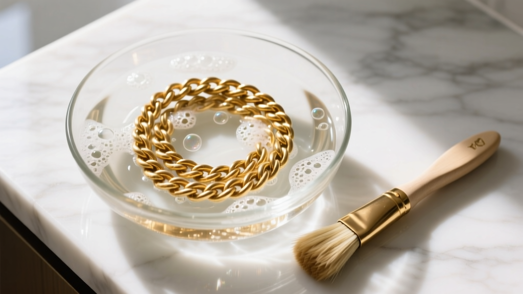 Overhead shot of a tarnished 18k gold rope chain in a glass bowl of soapy water with a soft brush on a marble countertop.