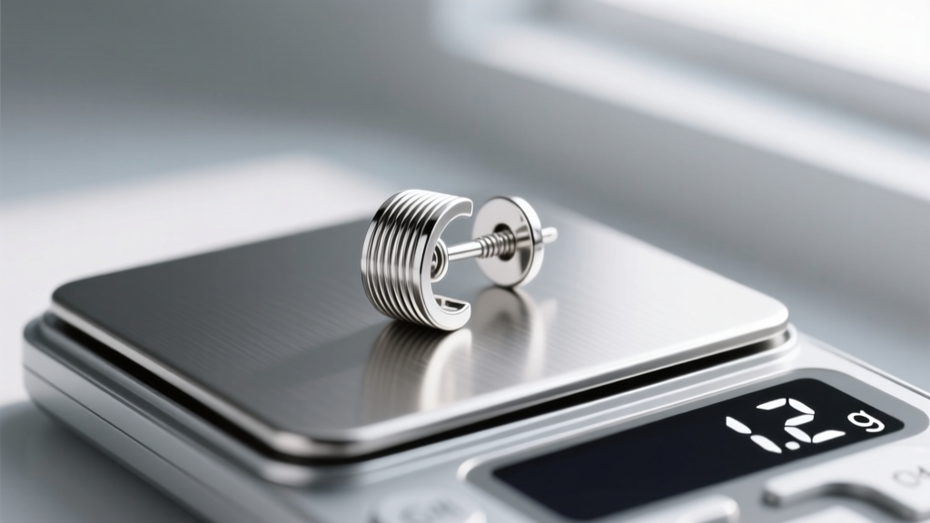 Side view of a sterling silver screw-back earring post with deep threads, resting on a digital jewelry scale showing 1.2 grams