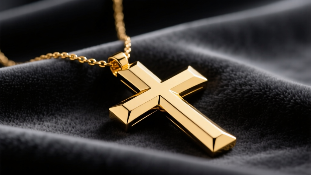 Solid 18k yellow gold large cross necklace on dark charcoal velvet, highlighting polished beveled edges and soft studio lighting.