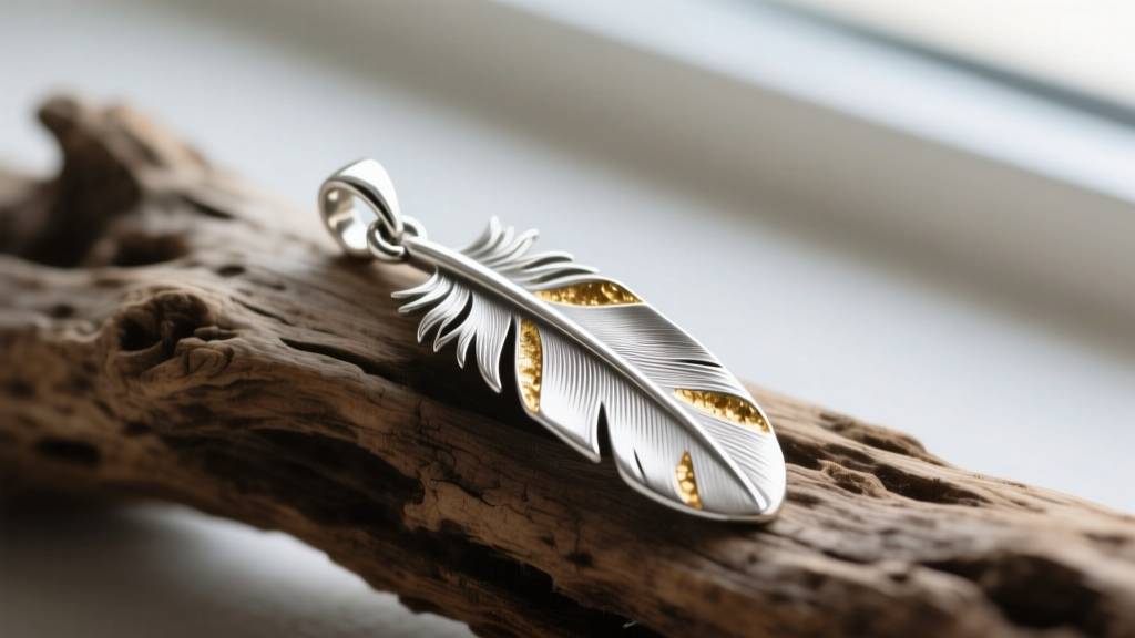 Sterling silver feather pendant on driftwood, showing golden tarnish along the textured outer edges and the central quill groove.