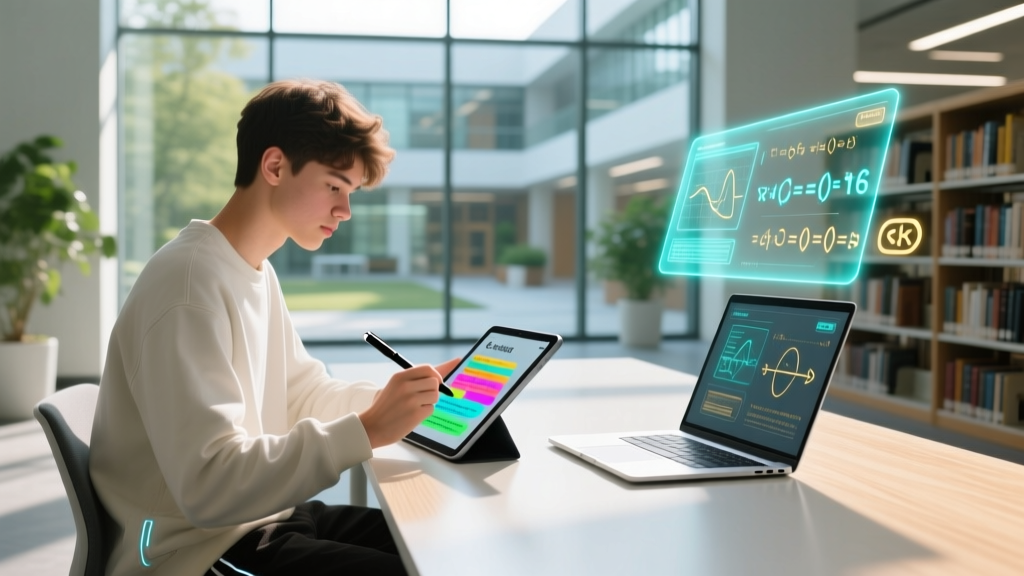 A college student in a sunlit 2026 campus library using a color e-ink tablet and smart pen while reviewing digital holographic notes on a laptop.