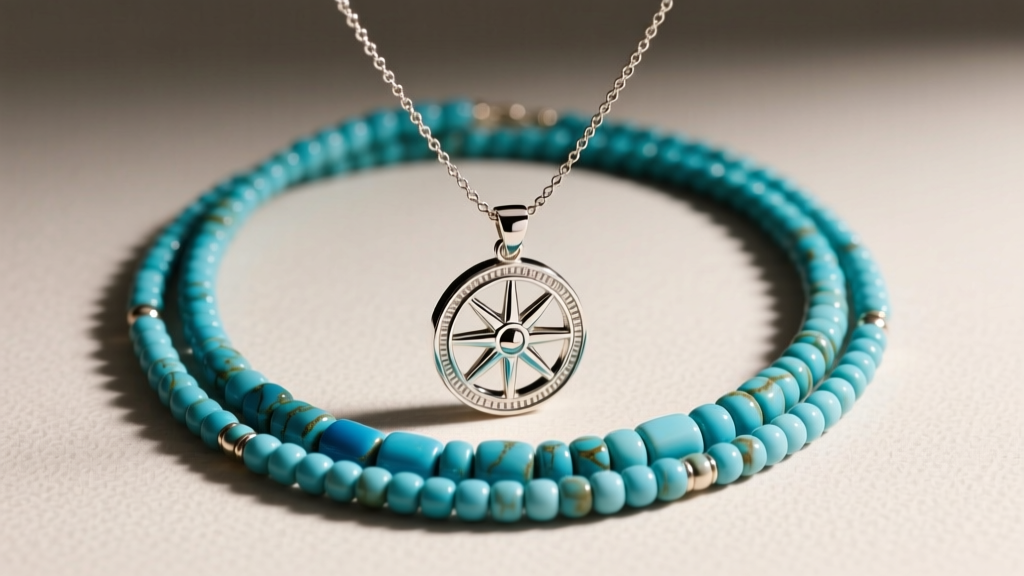Layered styling featuring a silver medicine wheel pendant on a 2mm box chain paired with traditional multi-strand turquoise heishi
