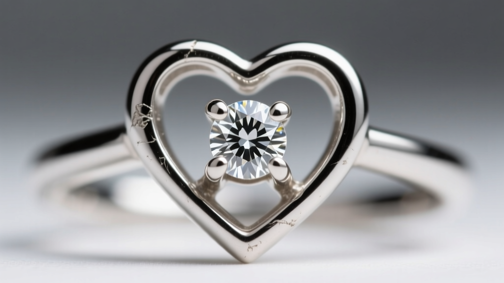 Extreme close-up of a four-prong setting securing a small diamond in a silver heart pendant, showing metal wear on the prong tips
