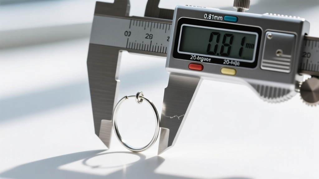 Close-up of a digital caliper measuring a 20-gauge sterling silver hoop earring wire, highlighting its thin 0.81mm diameter
