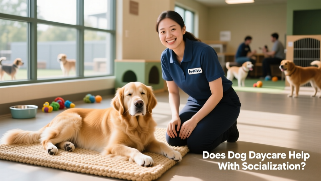 A FurPetVo staff member kneeling beside a relaxed, confident dog resting on a cozy mat after a calm play session