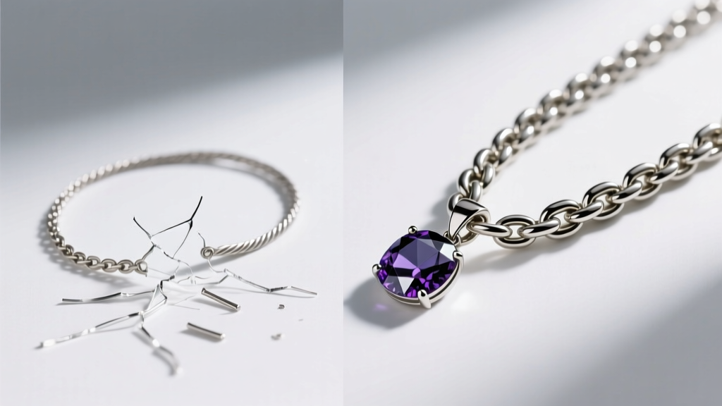 Side-by-side view of a broken thin cable chain and a durable 2mm wheat chain designed to hold heavy gemstone pendants safely.