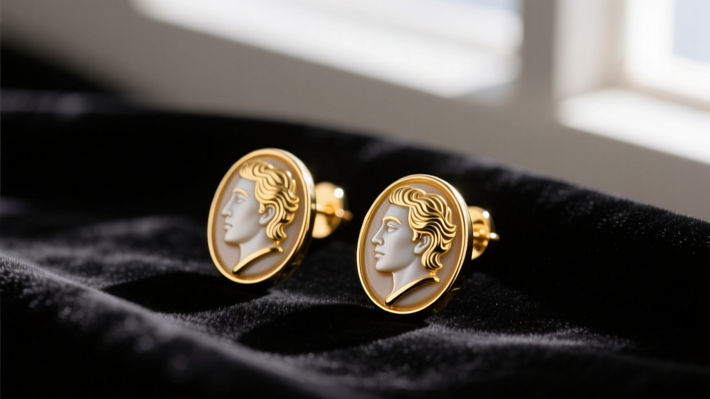 Macro shot of 1980s Karl Lagerfeld vintage gold-tone clip-on earrings with a profile cameo motif resting on dark velvet fabric.