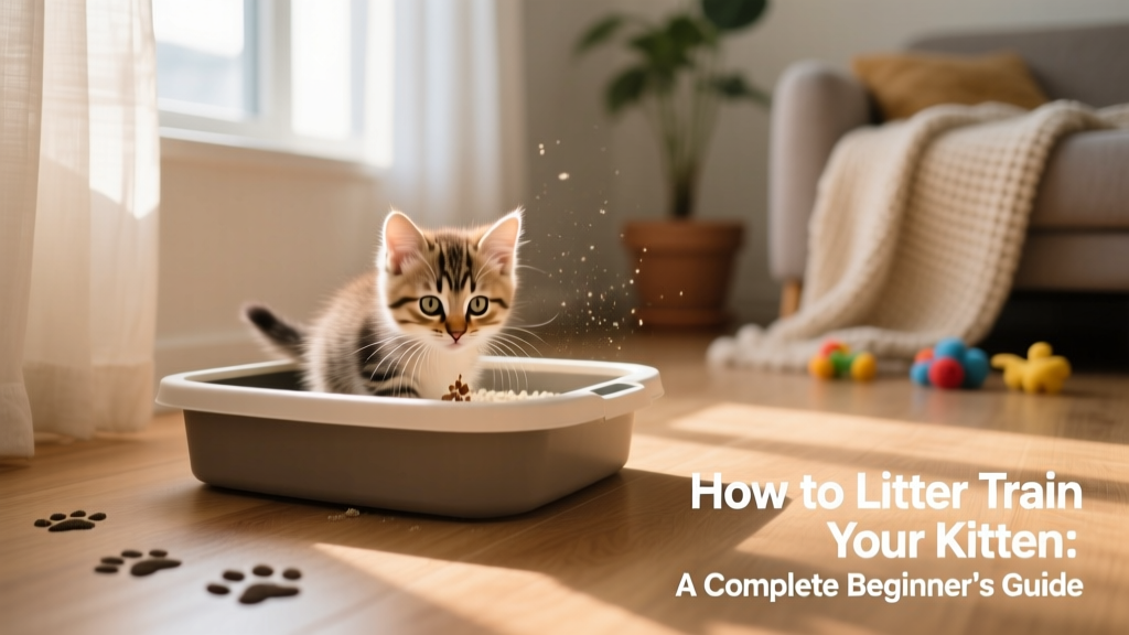 A curious 6-week-old kitten sniffing a low-sided litter box in a quiet corner of a sunlit room