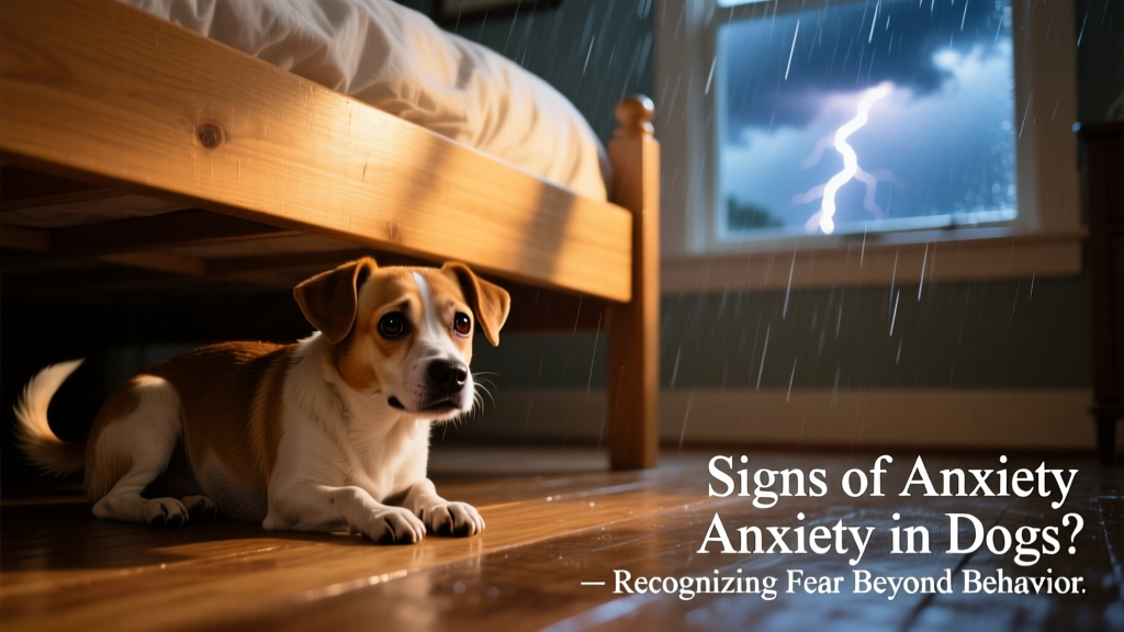 A dog cowering under a bed during a thunderstorm