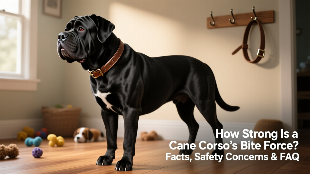 Side profile of a calm, well-trained Cane Corso standing alert but relaxed
