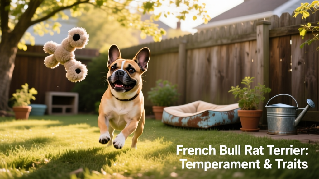 A French Bull Rat Terrier playing fetch with a soft toy in a shaded backyard on a mild day