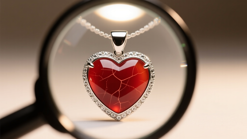 Macro shot of a loupe inspecting the top cleft of a carnelian heart pendant in a silver bezel under bright workshop lighting