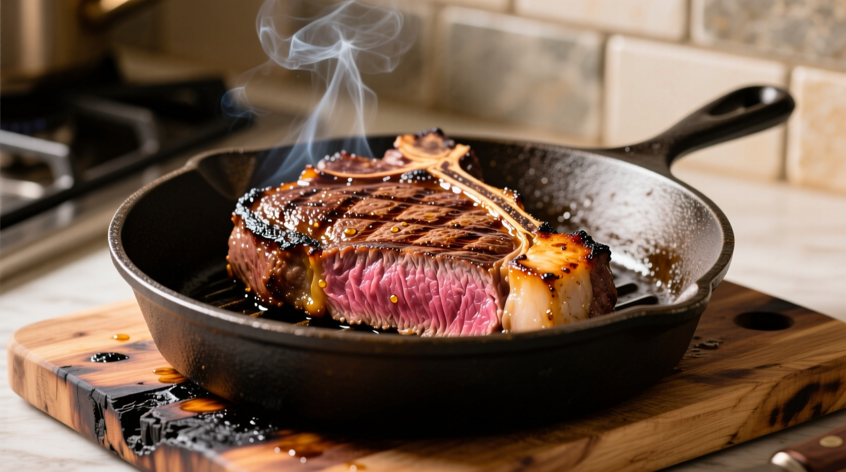 Perfectly seared skirt steak on oven-safe pan