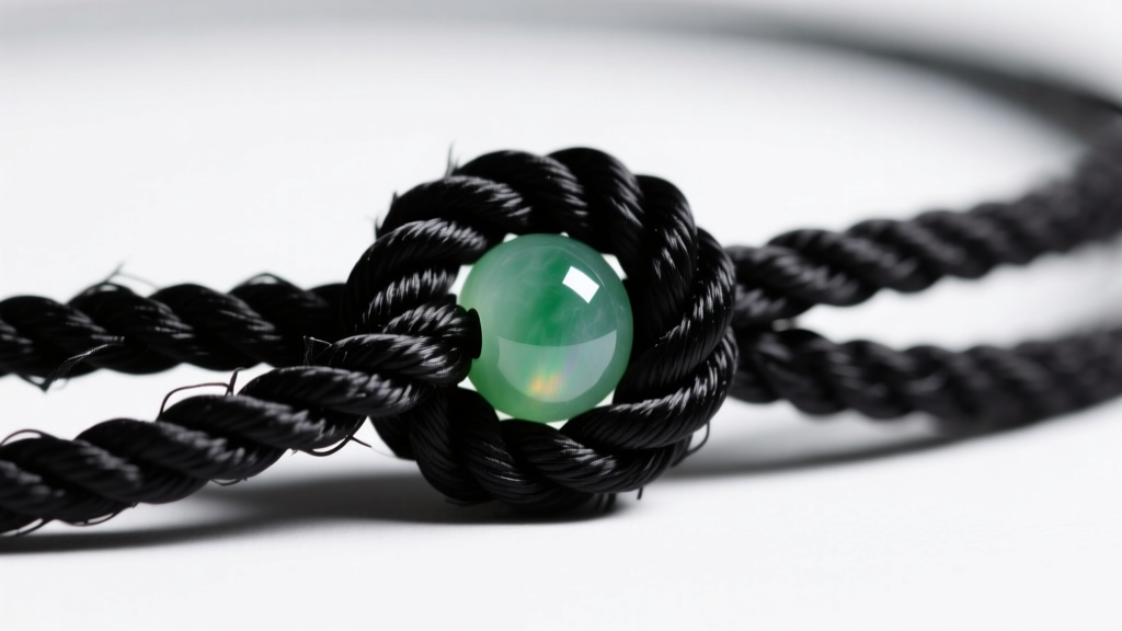 Macro shot of a tightly knotted black silk jewelry cord with a small jade bead, showing frayed fibers under bright, focused light.
