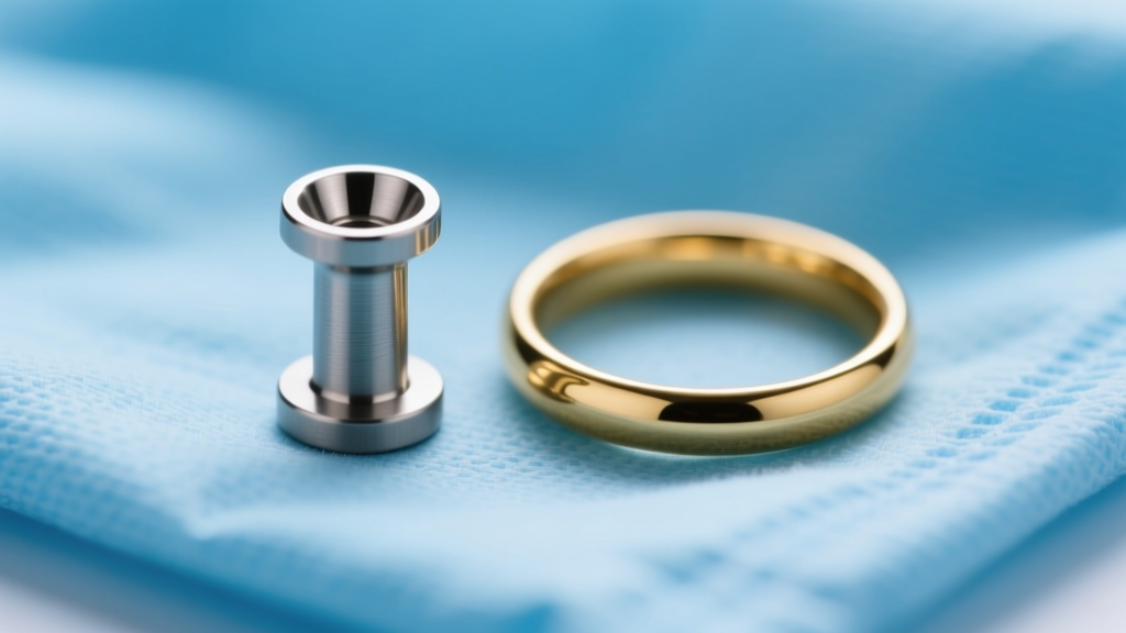 Macro shot of a titanium labret stud and 14k gold hoop resting on a sterile blue medical drape under bright clinical lighting.