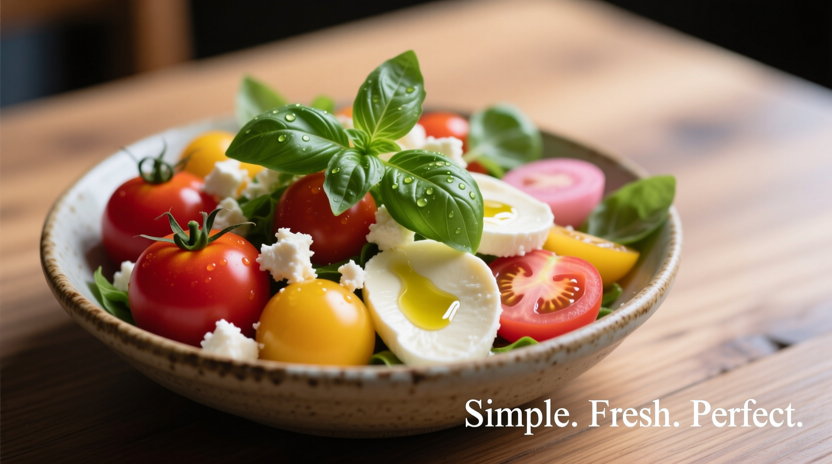 Fresh tomato and cheese salad with basil garnish