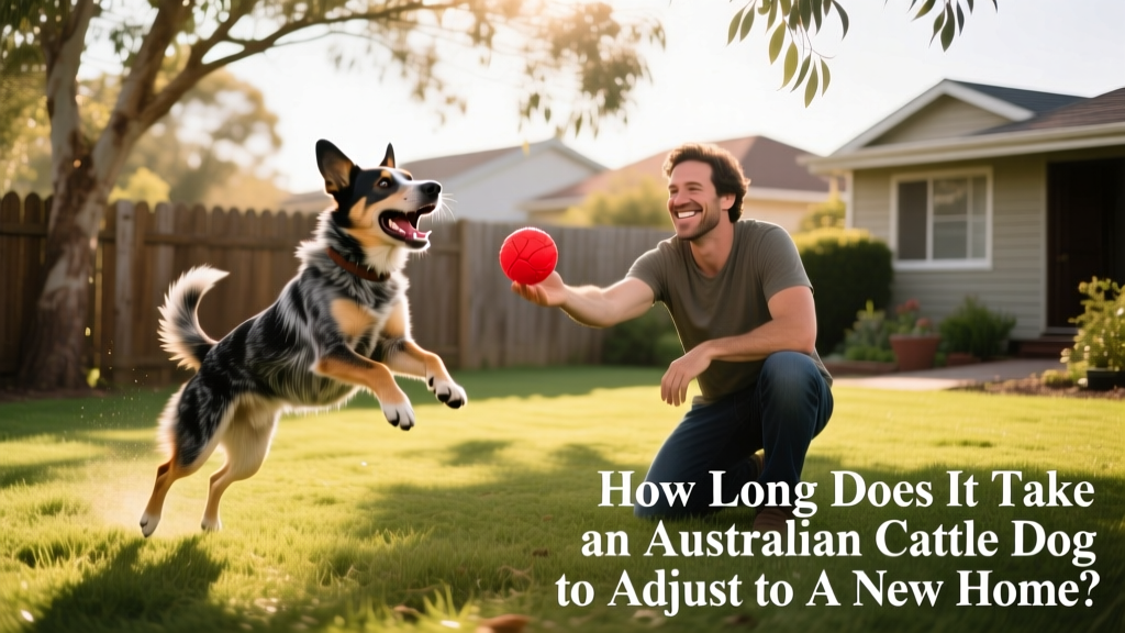 Happy Australian Cattle Dog playing fetch in a fenced grassy yard with a smiling adult nearby