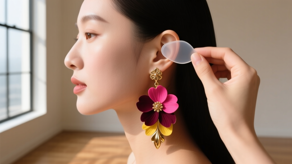 Side profile of a woman applying a clear silicone earlobe support patch behind her ear while wearing heavy floral drop earrings