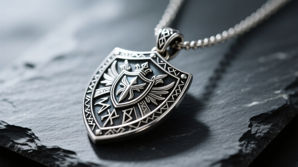 Close-up of a detailed fantasy heroine silver pendant necklace on dark slate, highlighting intricate shield and armor motifs.