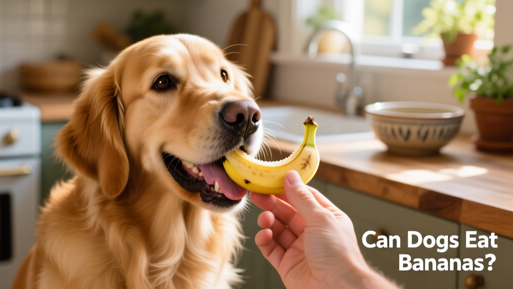 A golden retriever happily eating a small slice of fresh banana from a human hand