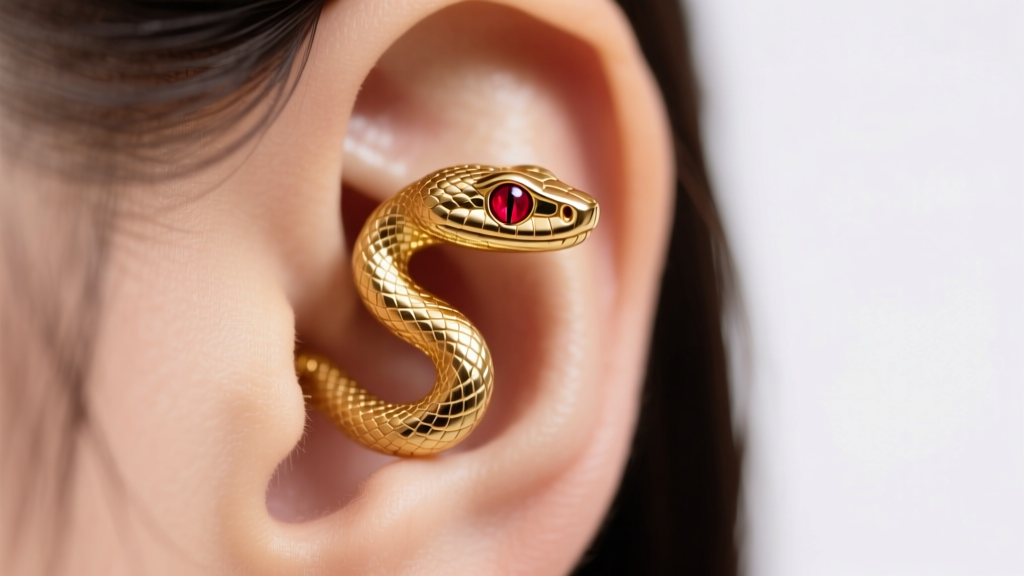 Macro shot of an 18k gold snake stud earring on a lobe, highlighting textured scales and ruby eyes against soft studio lighting