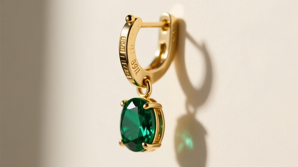 Side profile of an articulated 18k gold drop earring hinge, showing the jump ring connecting the stud to the emerald drop.