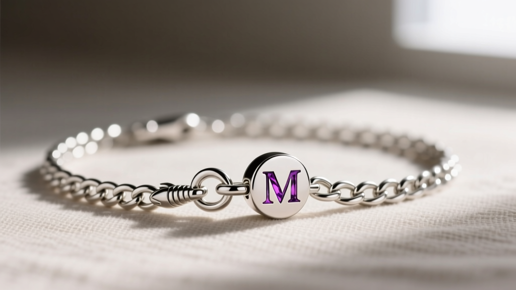 Side profile of a sterling silver rolo chain with a secure lobster clasp, attached to a customized birthstone initial mama charm