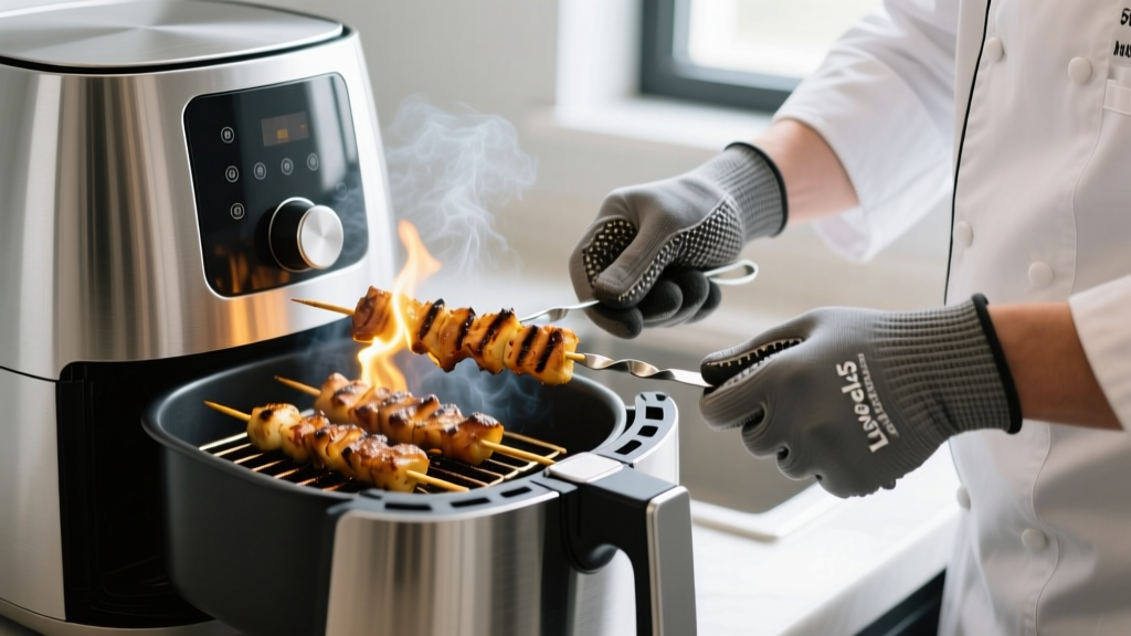 Close up of a chef wearing a Level A5 cut-resistant Kevlar glove safely removing a hot metal skewer rack from a 5-quart basket style air fryer