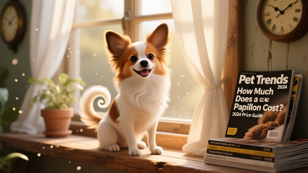 A cheerful Papillon sitting on a sunlit windowsill, ears perked and tail curled gracefully
