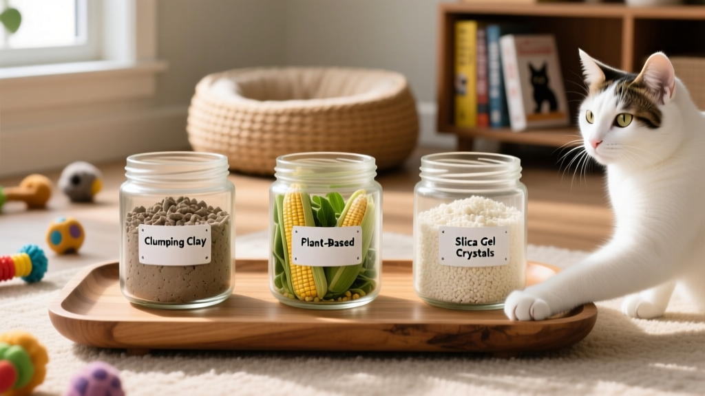 Side-by-side comparison of three FurPetVo litter types: clumping clay, plant-based, and silica gel crystals