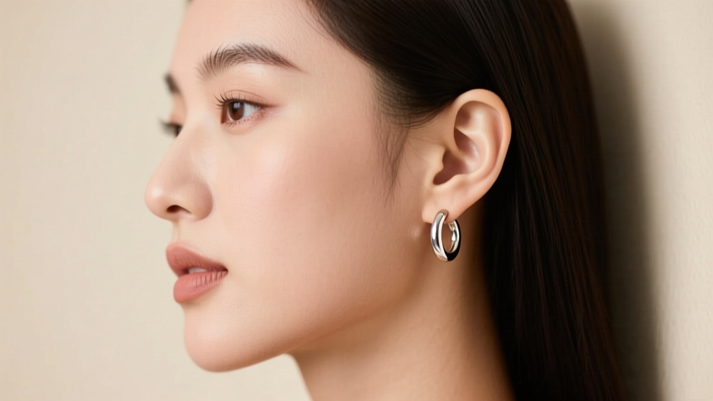 Side profile of a woman wearing 15mm medium sterling silver hoop earrings, highlighting the perfect fit on a standard earlobe