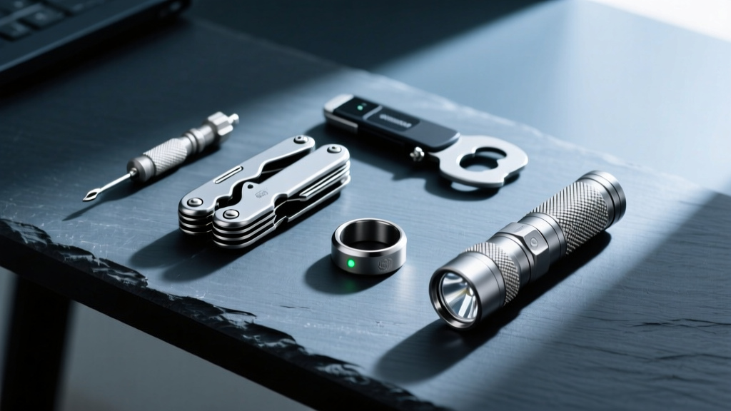 Flat lay photography of premium titanium everyday carry items including a multi-tool, smart ring, and tactical flashlight on a dark slate desk