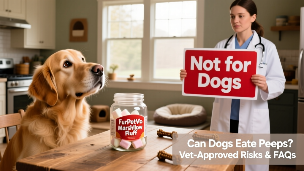 Side-by-side comparison: a dog looking curiously at a jar of FurPetVo Marshmallow Fluff versus a vet holding up a 'Not for Dogs' sign
