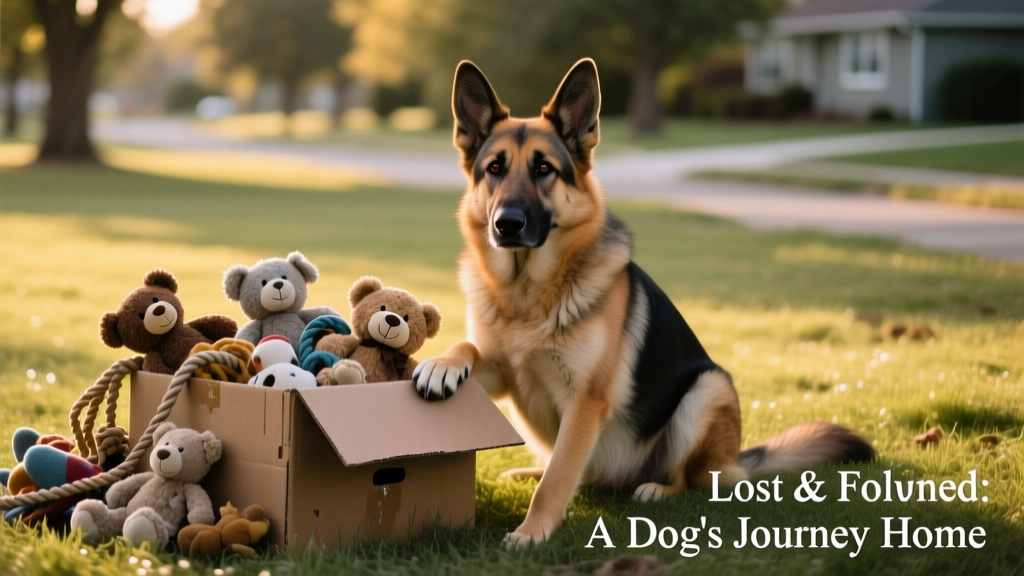 A gentle German Shepherd sitting calmly on grass beside a cardboard box filled with toys