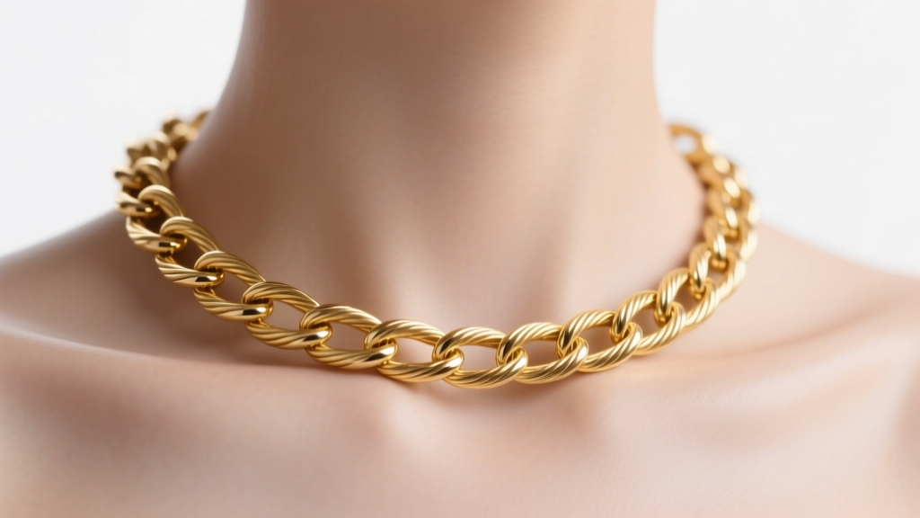 Macro shot of an 18 inch 14k gold cable chain on a collarbone, showing metal luster and link articulation in soft studio light