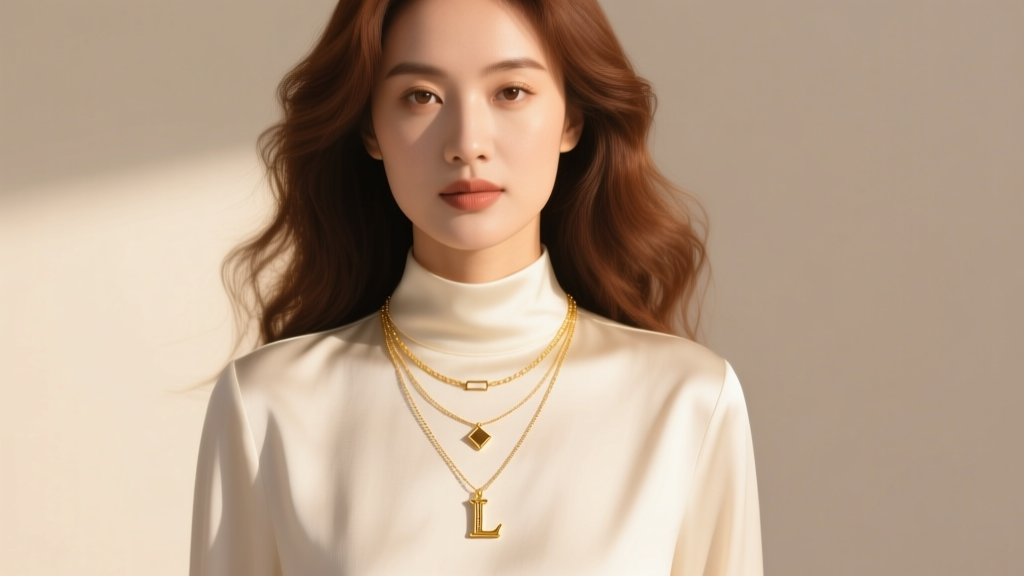 Woman wearing layered necklaces with a small gold L'chaim pendant on an 18-inch chain and a textured Hamsa on a 20-inch chain