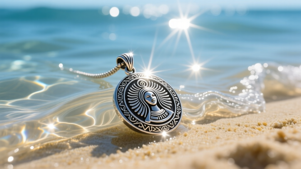 Heavy-gauge silver Yemaya pendant submerged in shallow ocean water, capturing bright sunlight reflections on the polished metal.